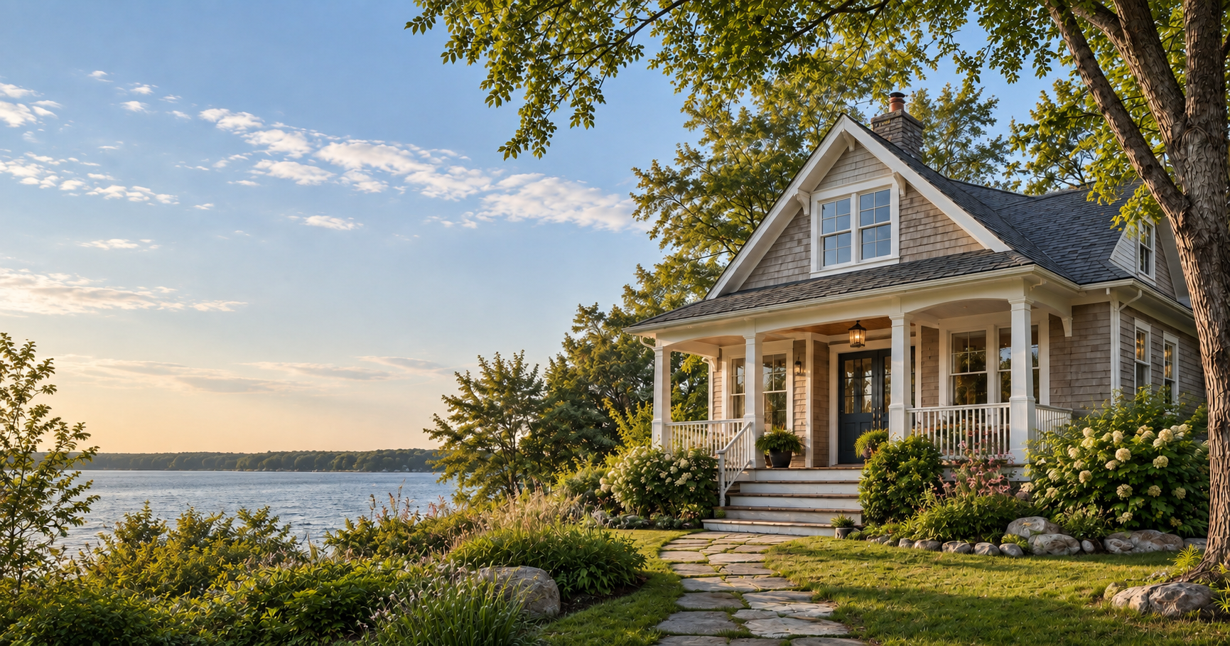 Lakefront home surrounded by mature trees and gardens